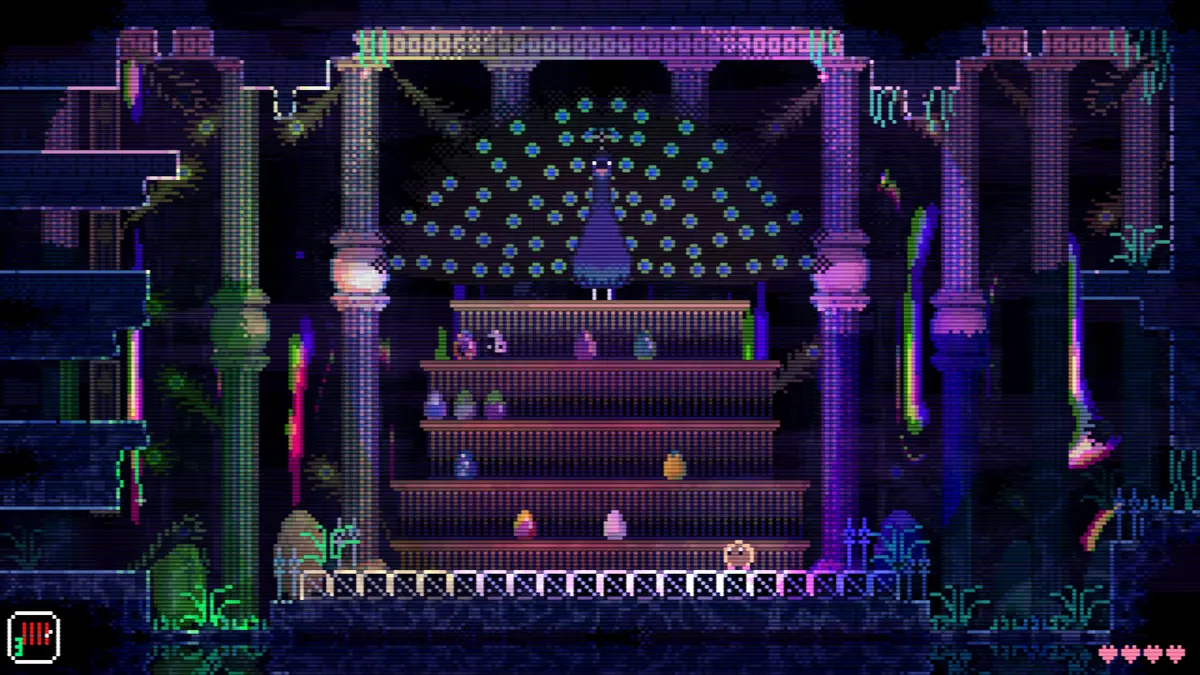 A shelf of glowing collectible eggs in an ornate pixel-art room in Animal Well.