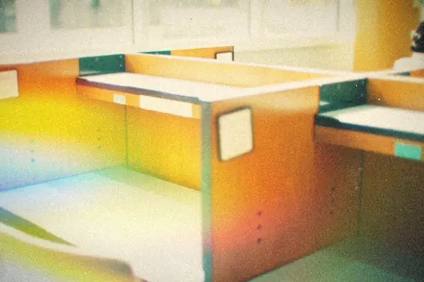 Empty wooden office cubicles lit by sunlight from a window.