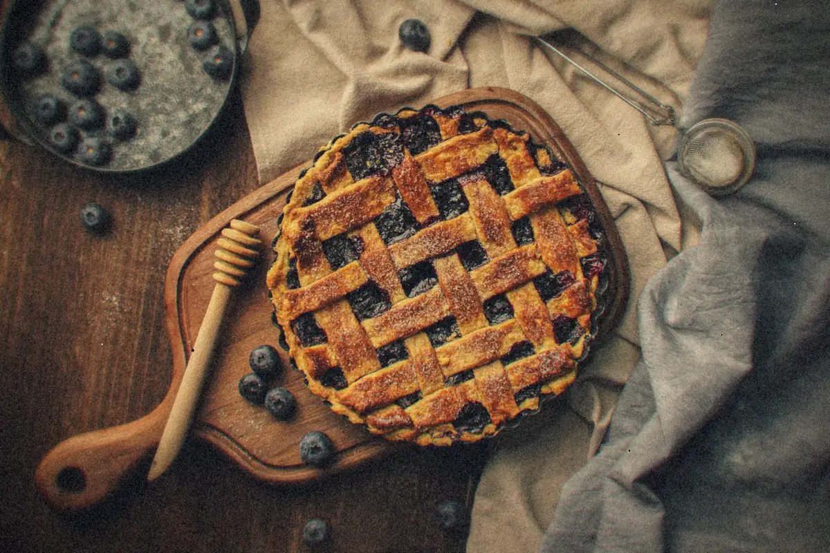 A lattice-top blueberry pie on a wooden board with fresh blueberries scattered around it.