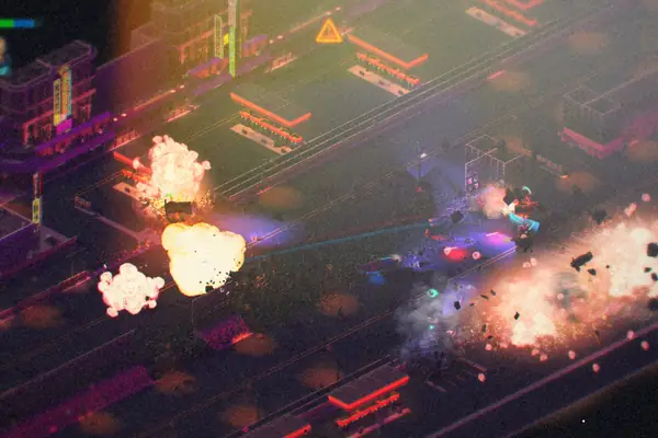 An isometric night street in Brigador lit by neon, with explosions and a mech firing down the road.