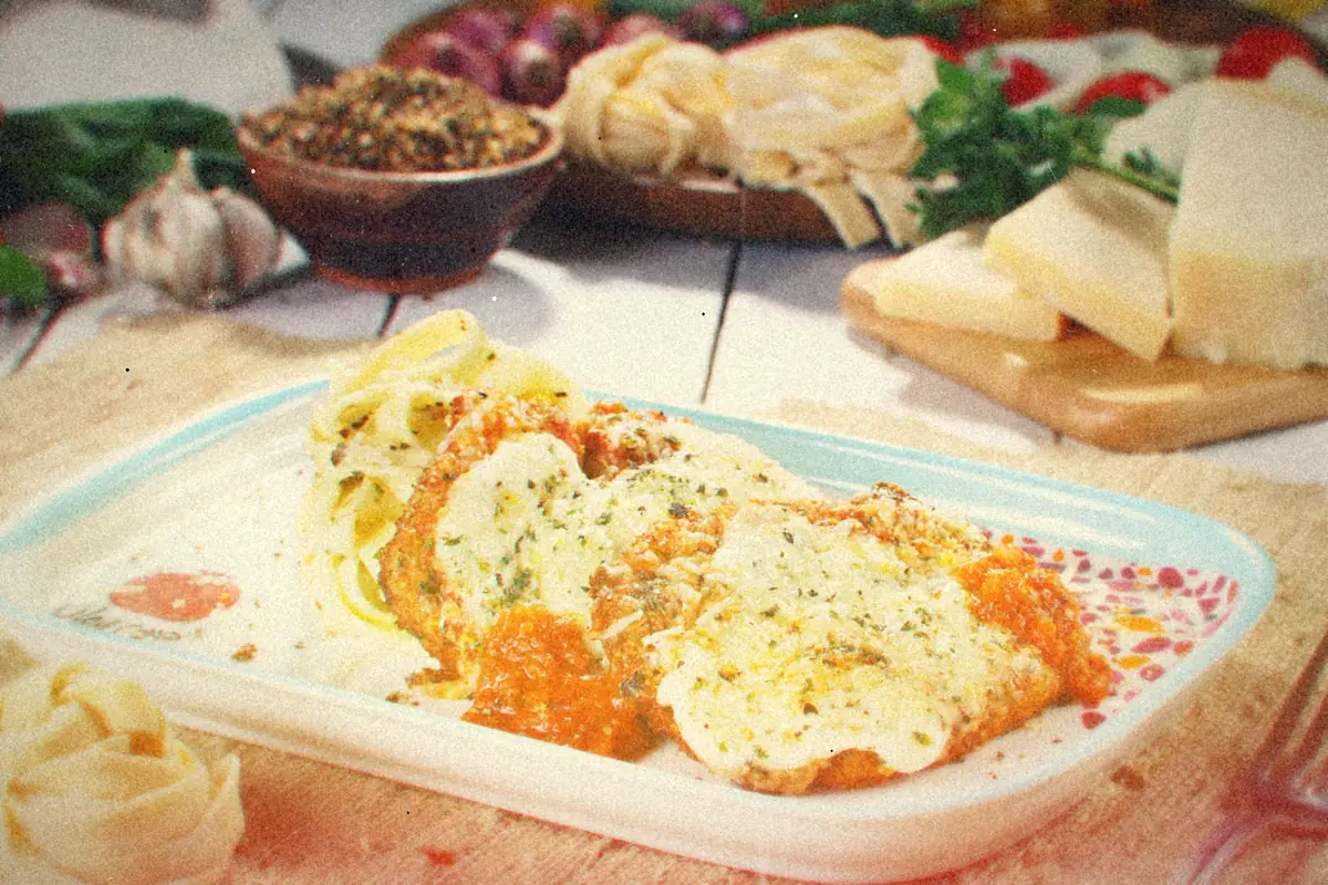Breaded chicken parmesan with melted cheese and tomato sauce beside a nest of pasta, parmesan wedges behind it.