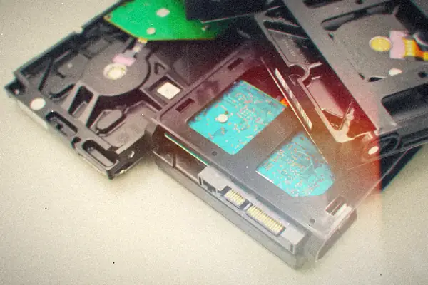 A pile of internal 3.5-inch hard drives on a white surface.