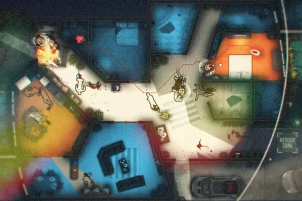 A top-down Door Kickers floor plan with a SWAT team clearing rooms around a central lobby.