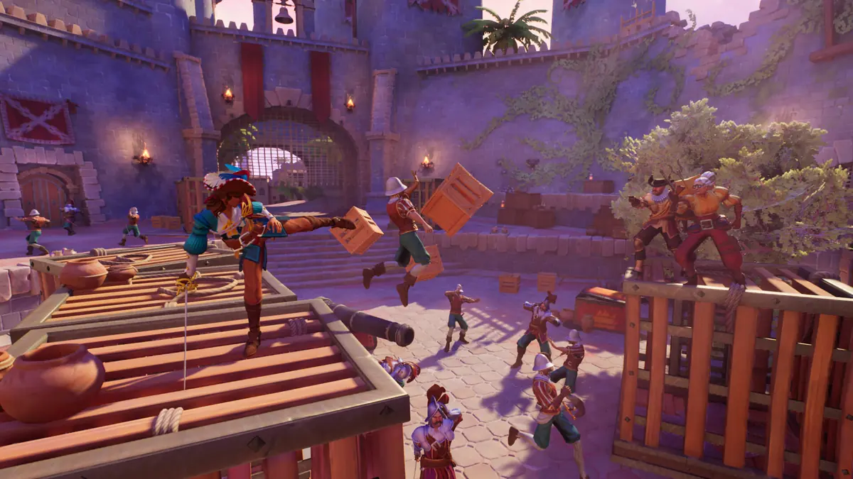 Adalia fencing with guards on a wooden platform in a busy sunlit courtyard.