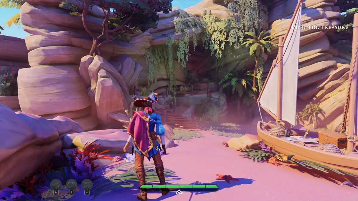 Adalia standing on a sunny beach beside a small sailboat, surrounded by rocks and tropical plants.