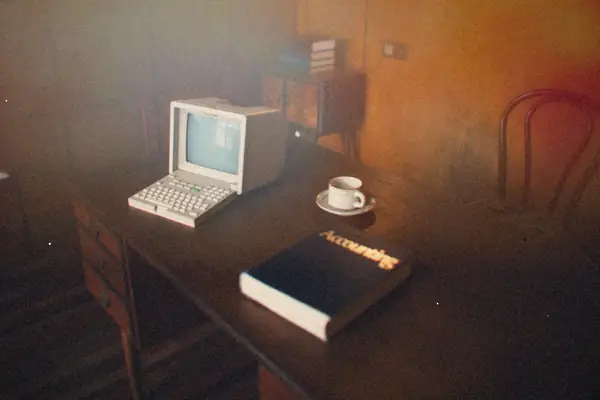 An old computer on a wooden desk in a wood-paneled room with a book and a cup of coffee.