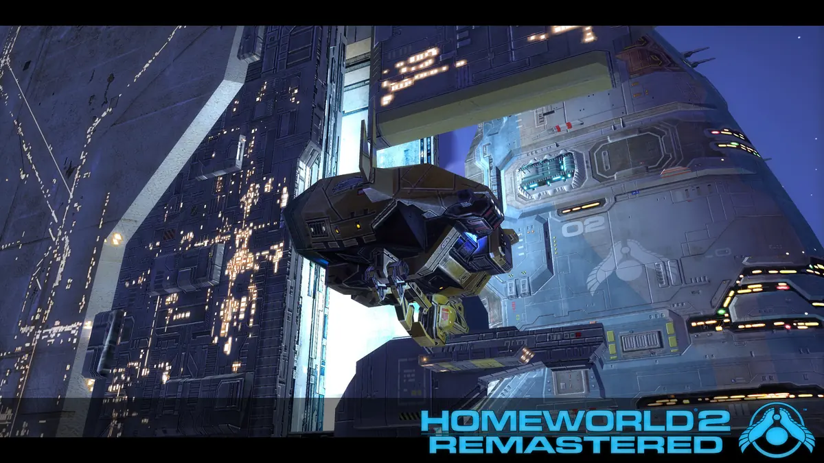 A huge carrier ship leaving a glowing space station in Homeworld 2 Remastered.