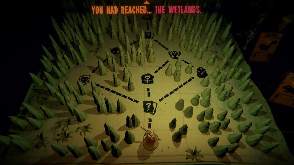 The candlelit card table in Inscryption with animal cards laid out on a board.