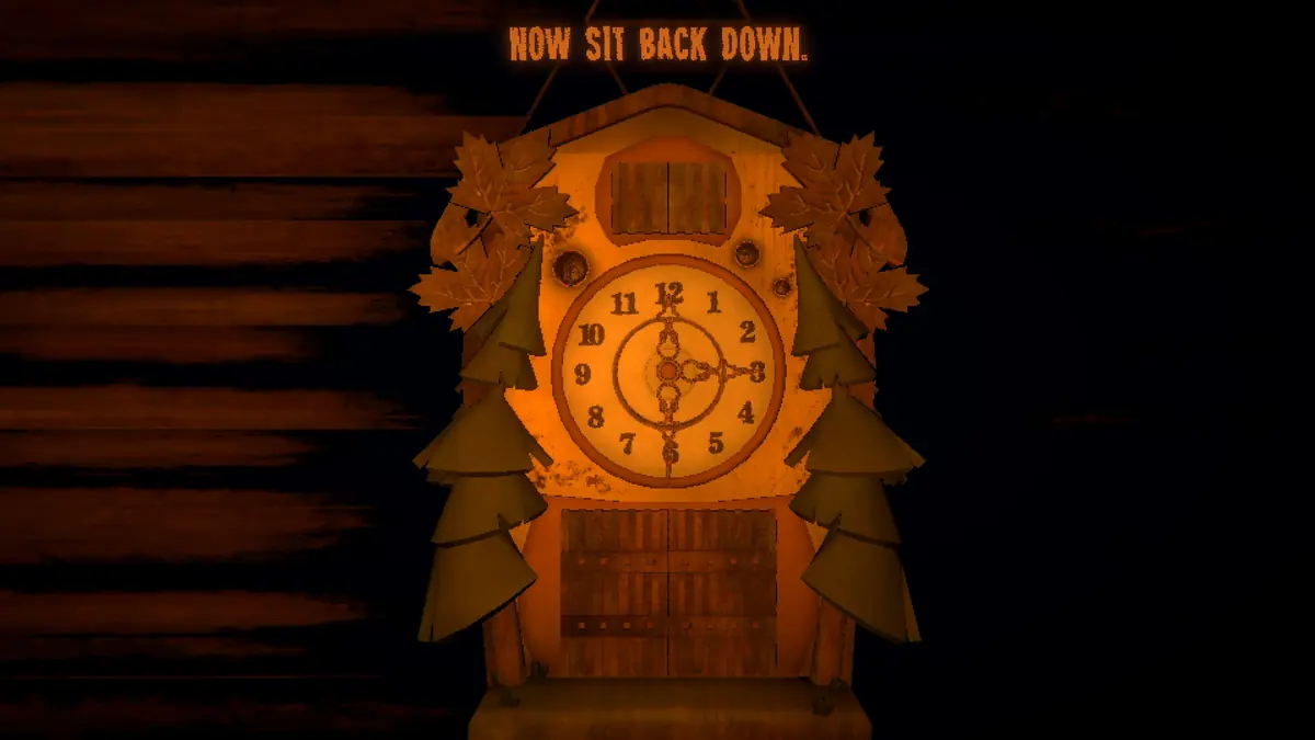 A cuckoo clock hanging on the dark wooden wall of the cabin in Inscryption.