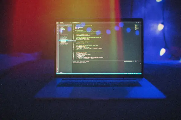 A laptop showing lines of code on its screen in a dark room lit by blue light.