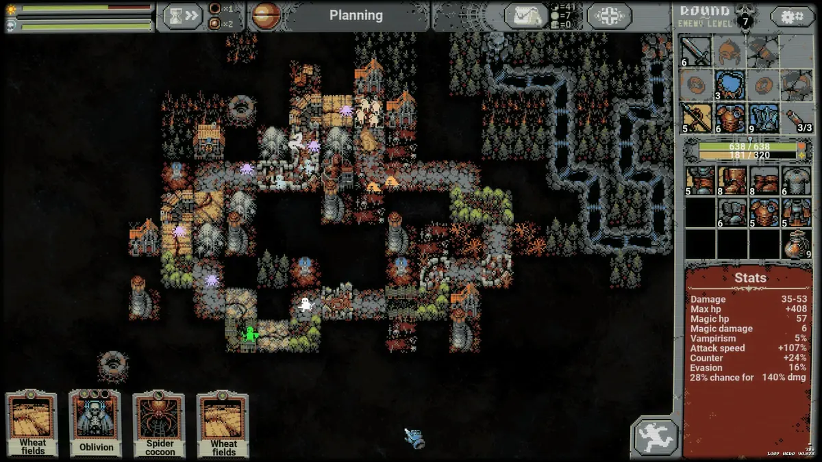 A dark Loop Hero board with a looping path built from terrain cards and the hero's stats on the right.