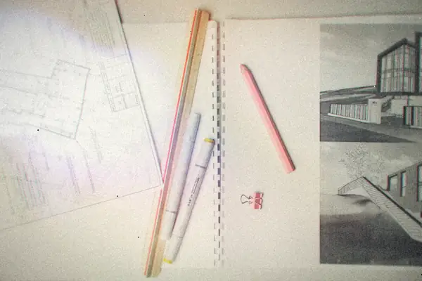 Architectural blueprints, pens and a ruler spread out on a desk.