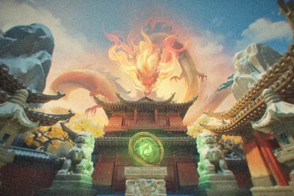 A grand temple courtyard from a Marvel Rivals map with a golden dragon sculpture rising behind it.
