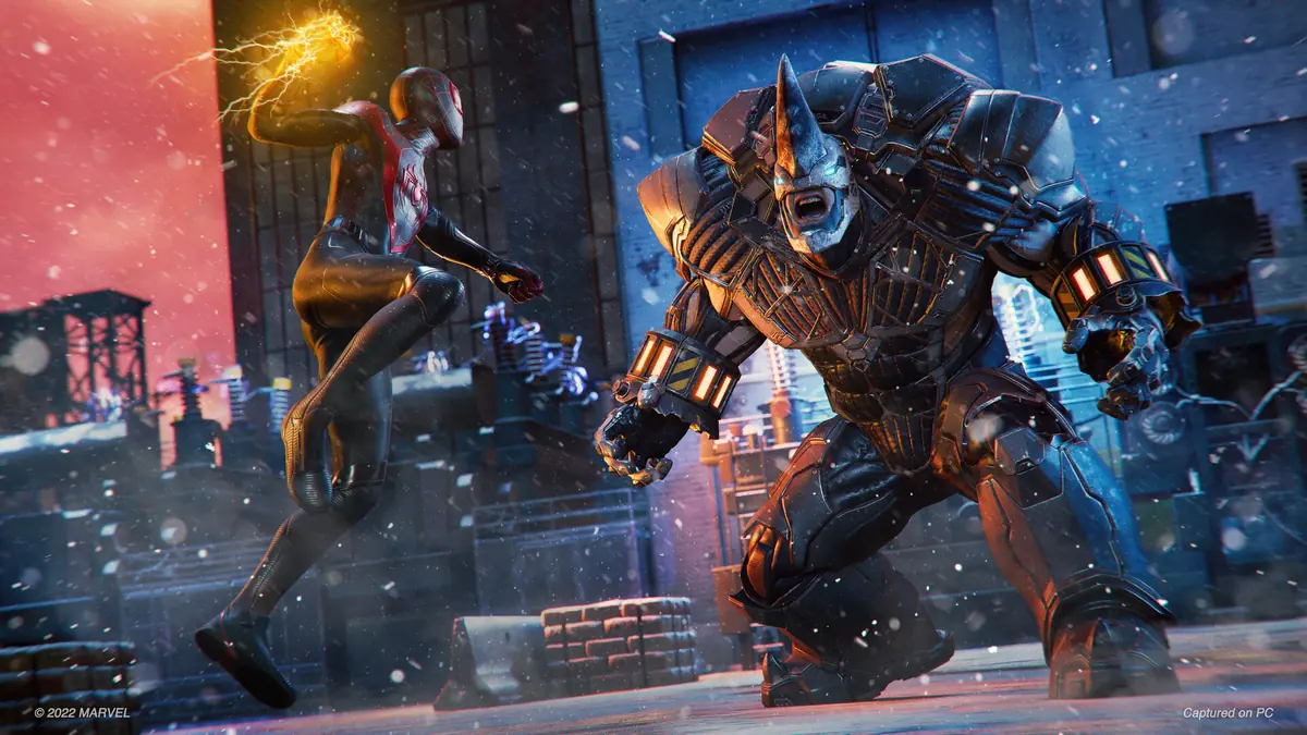 Miles Morales squaring off against a hulking armored villain on a snowy rooftop.