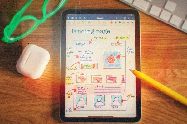 A tablet showing a hand-drawn landing page wireframe, next to earbuds, green glasses and a pencil.