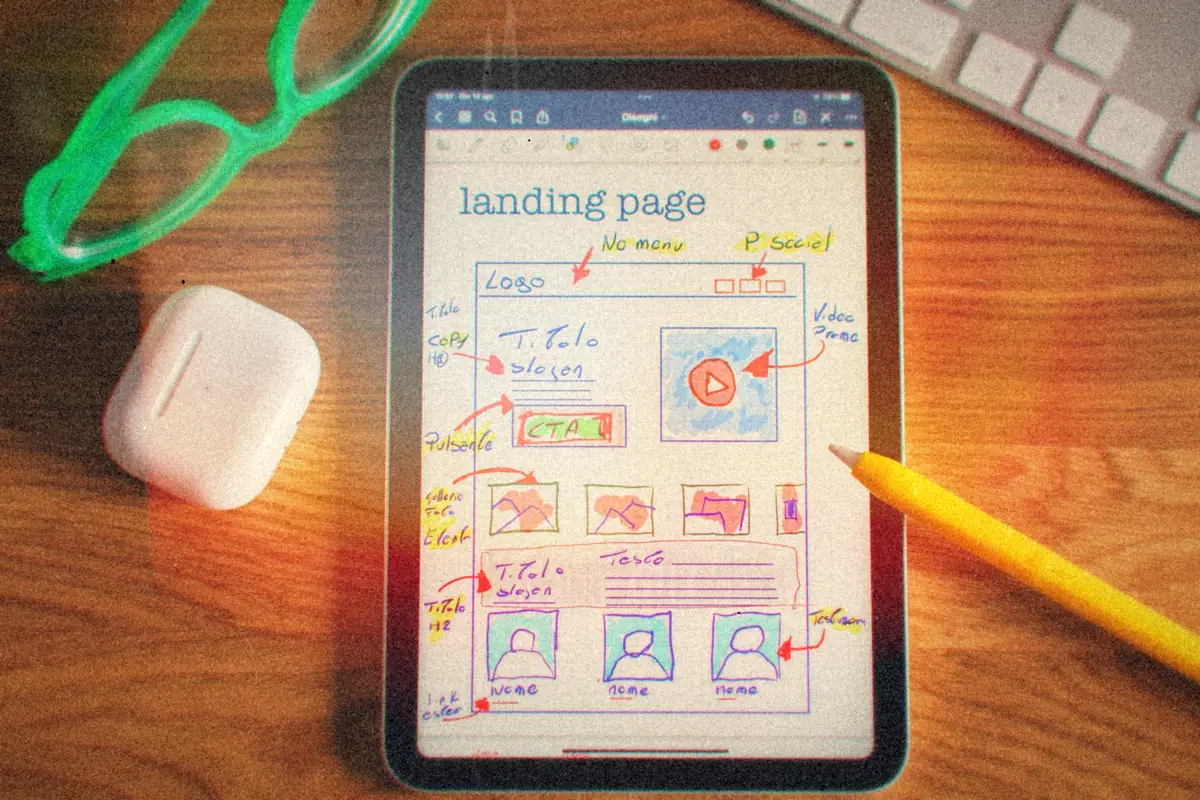 A tablet showing a hand-drawn landing page wireframe, next to earbuds, green glasses and a pencil.