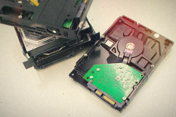 A pile of opened internal hard drives on a white surface.