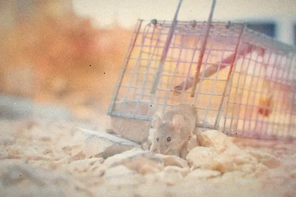 A small mouse slipping out beside a wire cage trap on rocky ground.