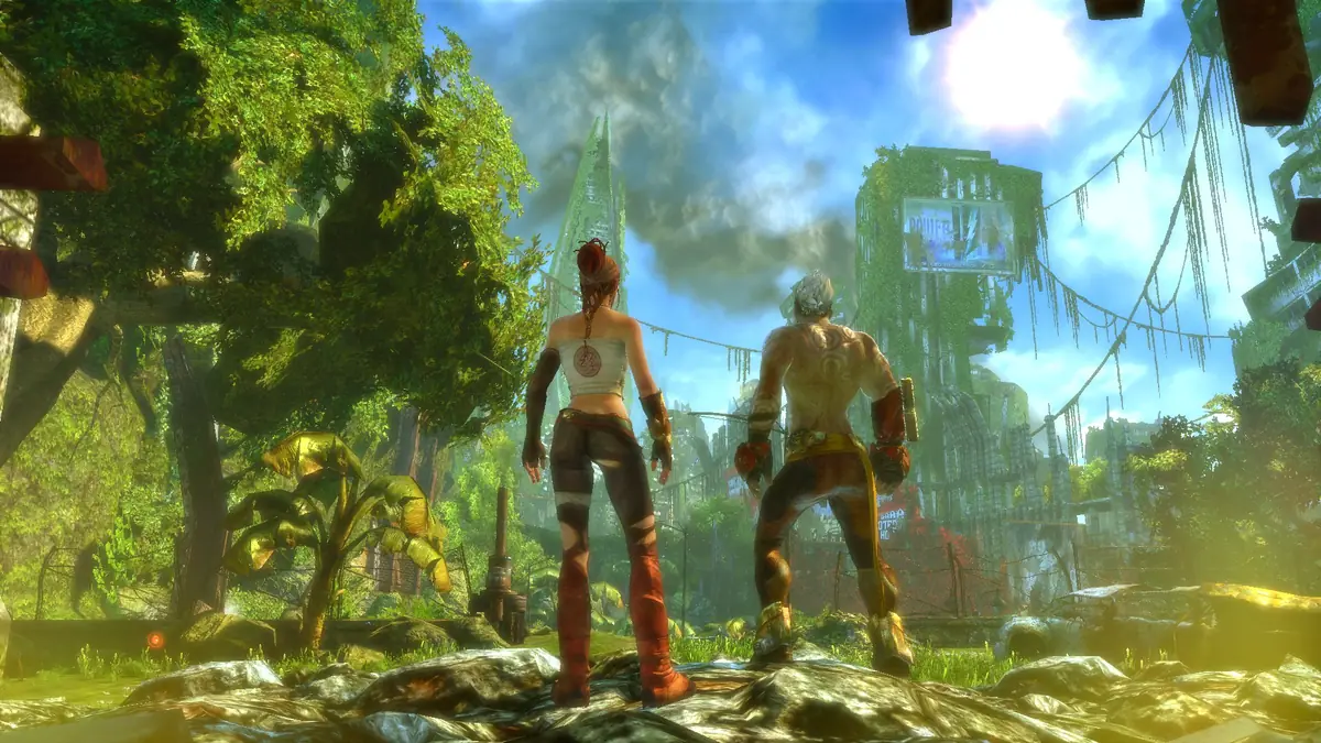 Two characters walking through a sunlit, overgrown ruined city full of greenery in Enslaved: Odyssey to the West.