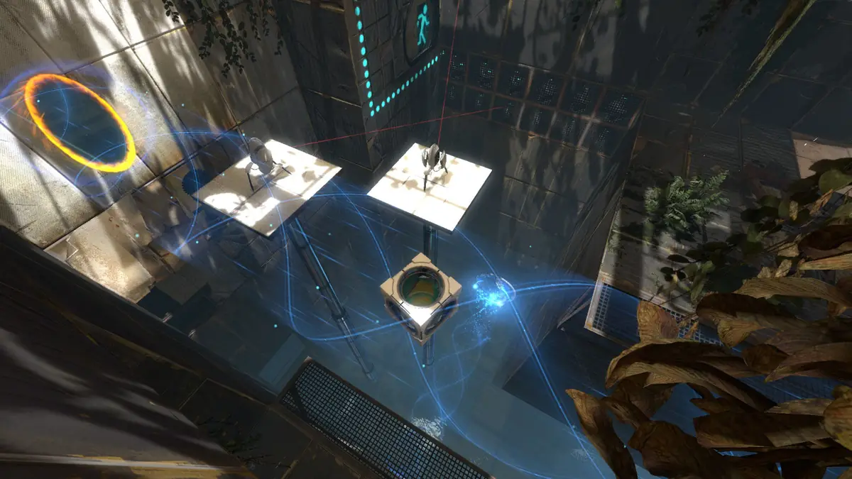A blue portal on a white panel in a ruined test chamber in Portal 2, with debris and overgrowth around it.