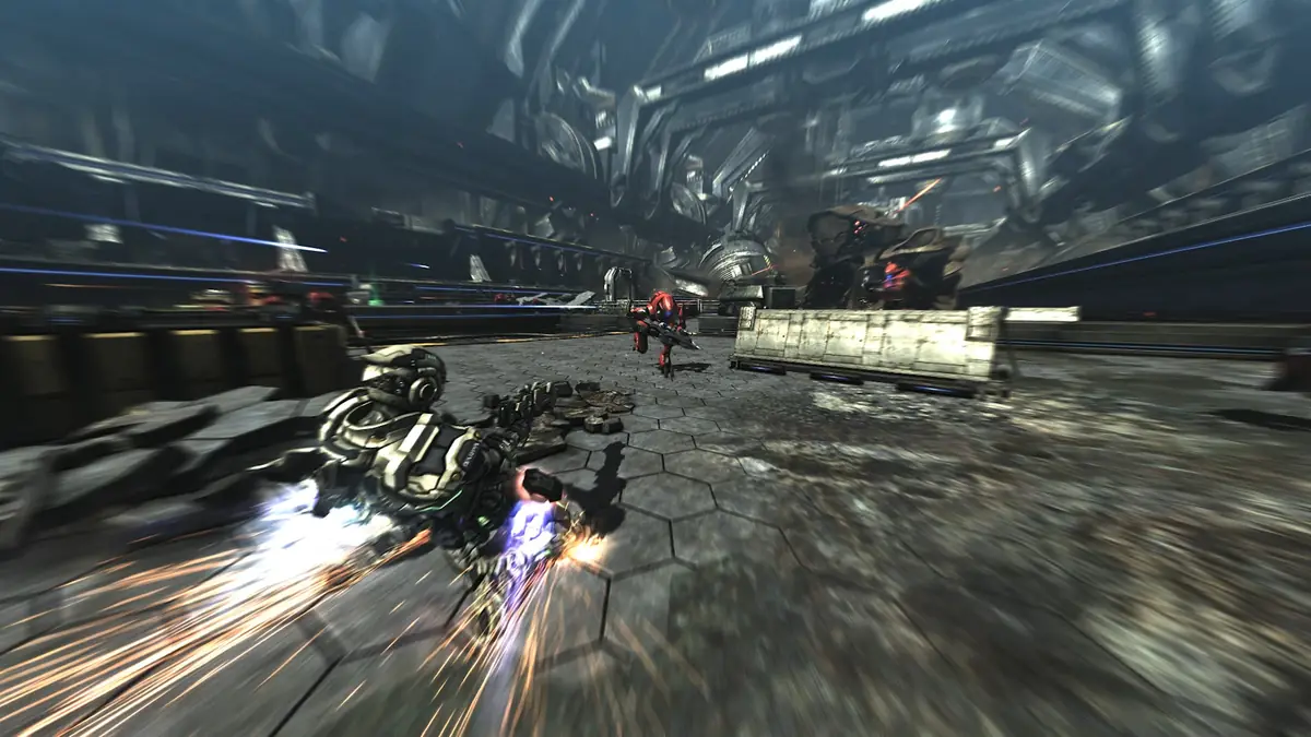 A robot-suited soldier boosting across a ruined metal battlefield at speed in Vanquish, with sparks flying behind.