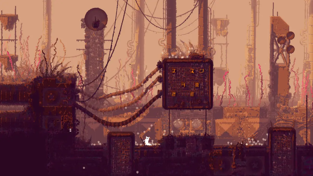 Slugcats resting together in a pink-lit industrial space in a Rain World illustration.