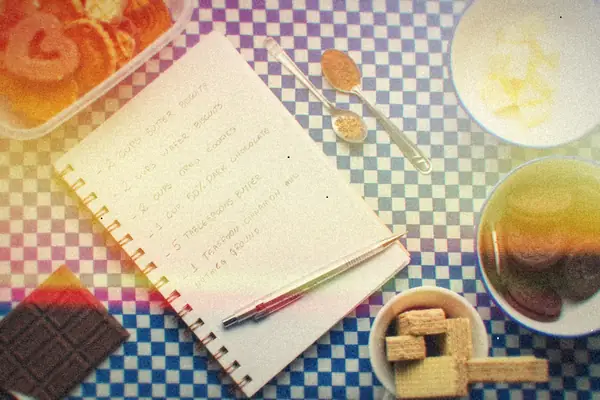 A handwritten recipe in a notebook on a checkered tablecloth with cookies and butter.