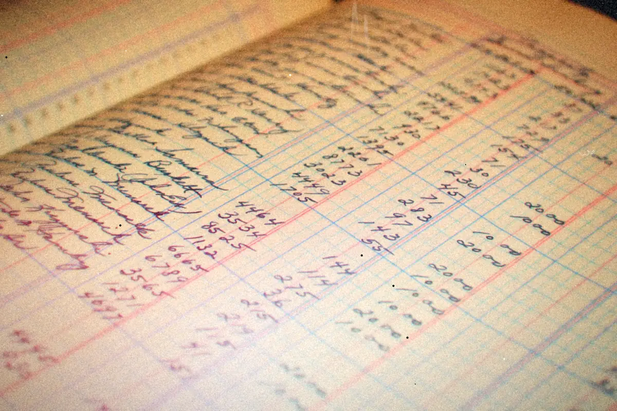 A close-up of a vintage ledger page filled with handwritten entries in columns.