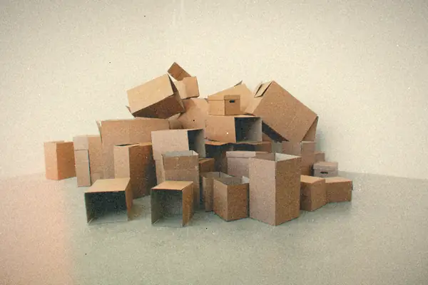 A messy pile of empty cardboard boxes heaped in the corner of a bare room.