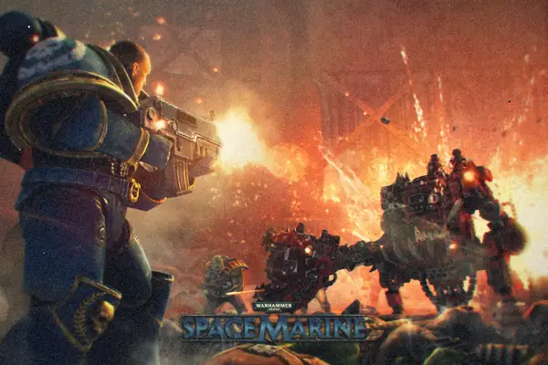 A blue-armored Space Marine firing a bolter at an ork war machine in a burning city.