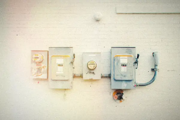 Electrical disconnect switches and a power meter mounted on a white brick wall.