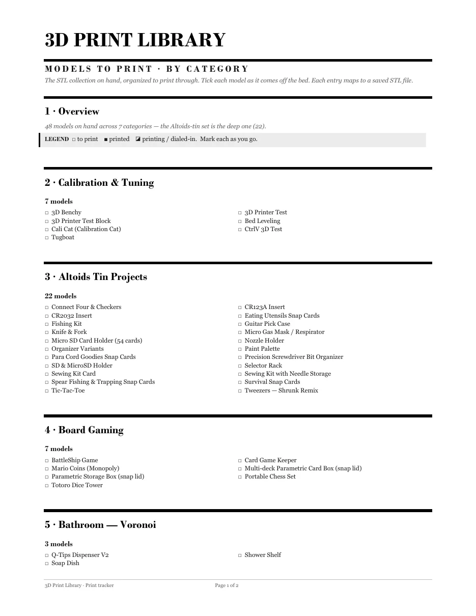 A 3D print library catalog, grouped by category, with checkboxes