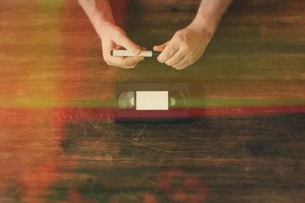 Hands labeling a VHS tape with a marker on a wooden table.